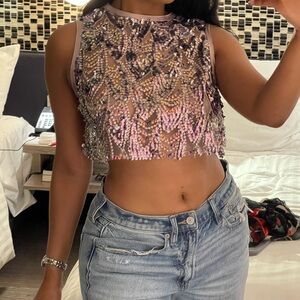 ZARA Metallic Sequin Tie Back Crop Top